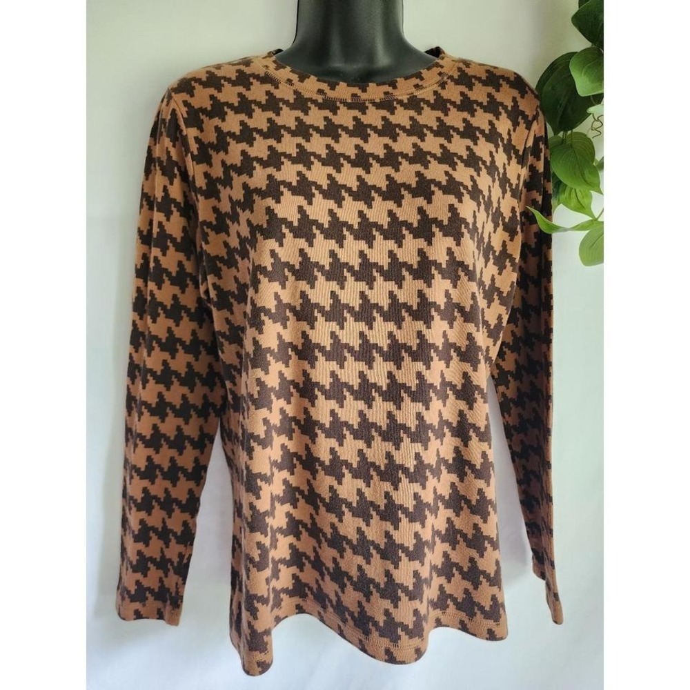 Talbots Large Vintage Houndstooth Long Sleeve Cotton Tee‎